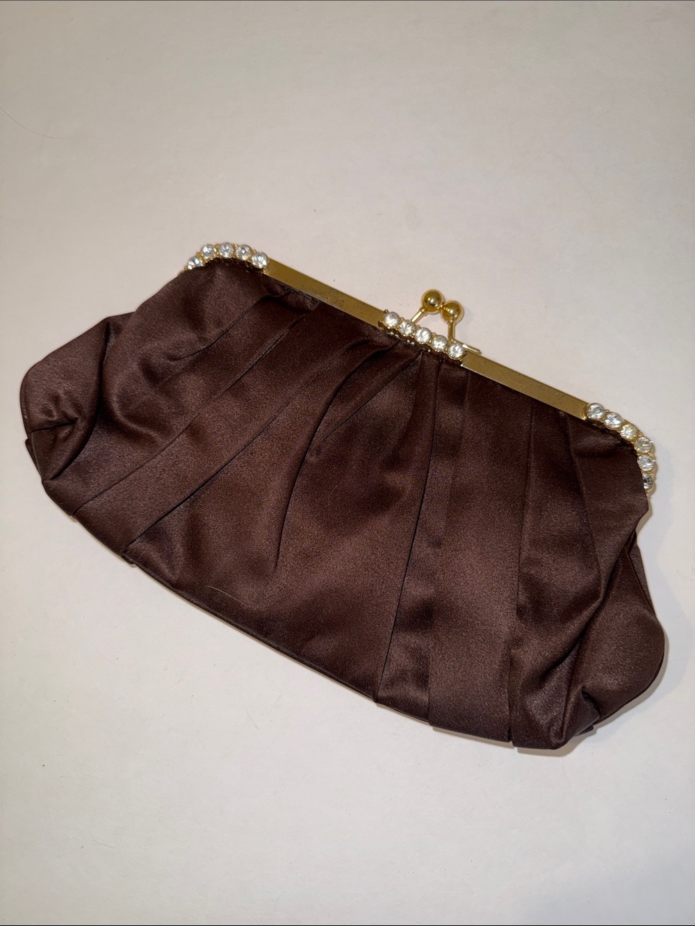Vintage Satin Clutch Rhinestone Evening Bag Gold Frame Metal Chain Brown